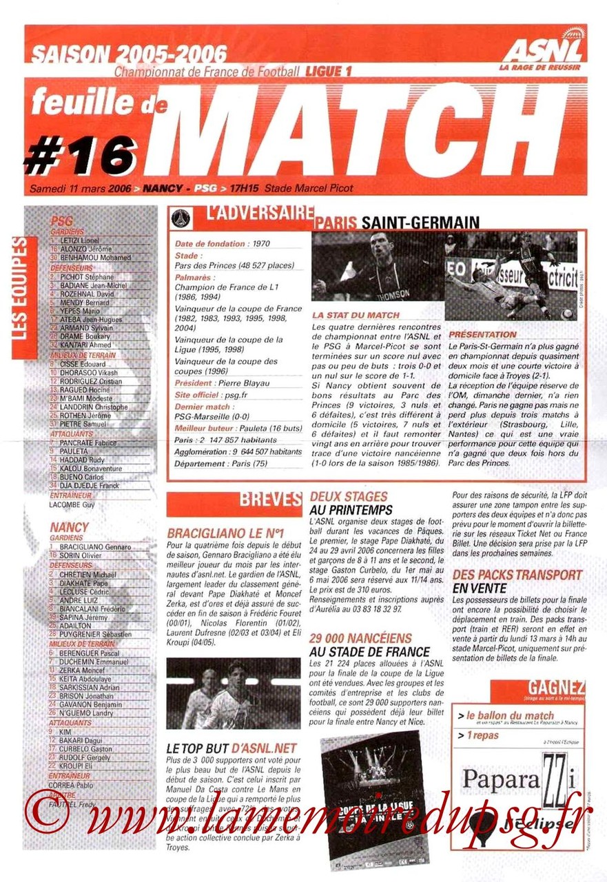 2006-03-11  Nancy-PSG (30ème L1, Feuille de match N°16)