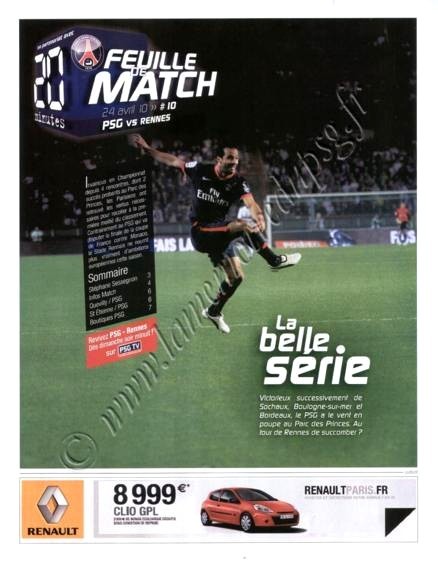 2010-04-24  PSG-Rennes (34ème L1, Feuille de Match N°10)