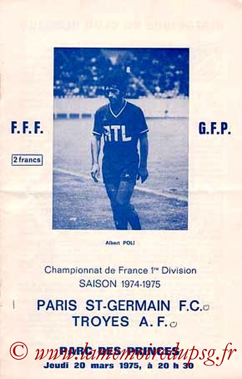 1975-03-20  PSG-Troyes (31ème D1, Officiel PSG, Collection JNT)