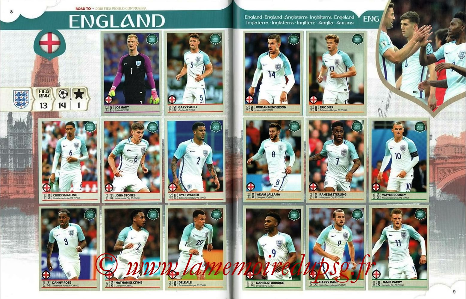 2018 - Panini Road to FIFA World Cup Russia Stickers - Pages 08 et 09 - Angleterre