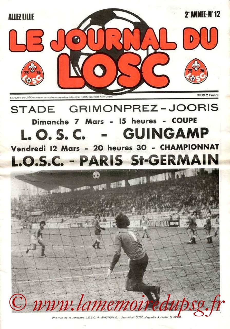 1976-03-12  Lille-PSG (26ème D1, Le journal du LOSC N°12)