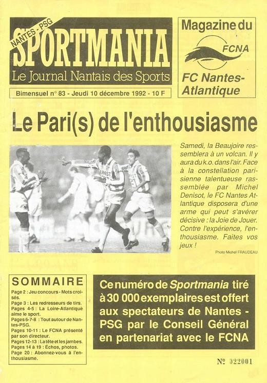 1992-12-10  Nantes-PSG (18ème D1, Sportmania N° 83)