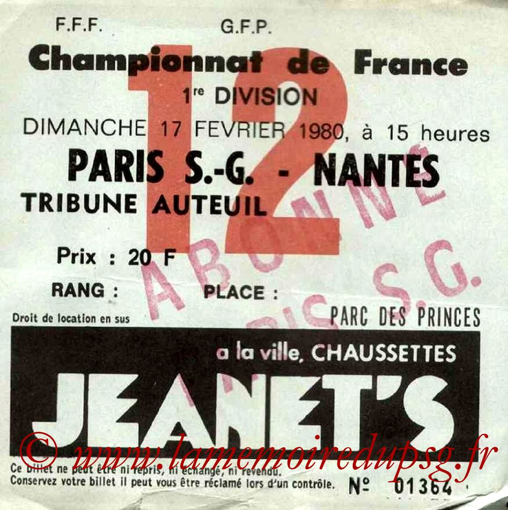 1980-02-17  PSG-Nantes (25ème D1, Ticket N°12)