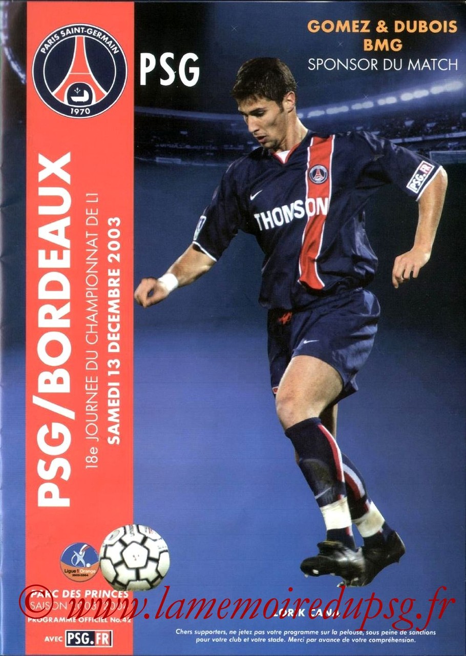 2003-12-13  PSG-Bordeaux (18ème L1, Programme officiel N°42)