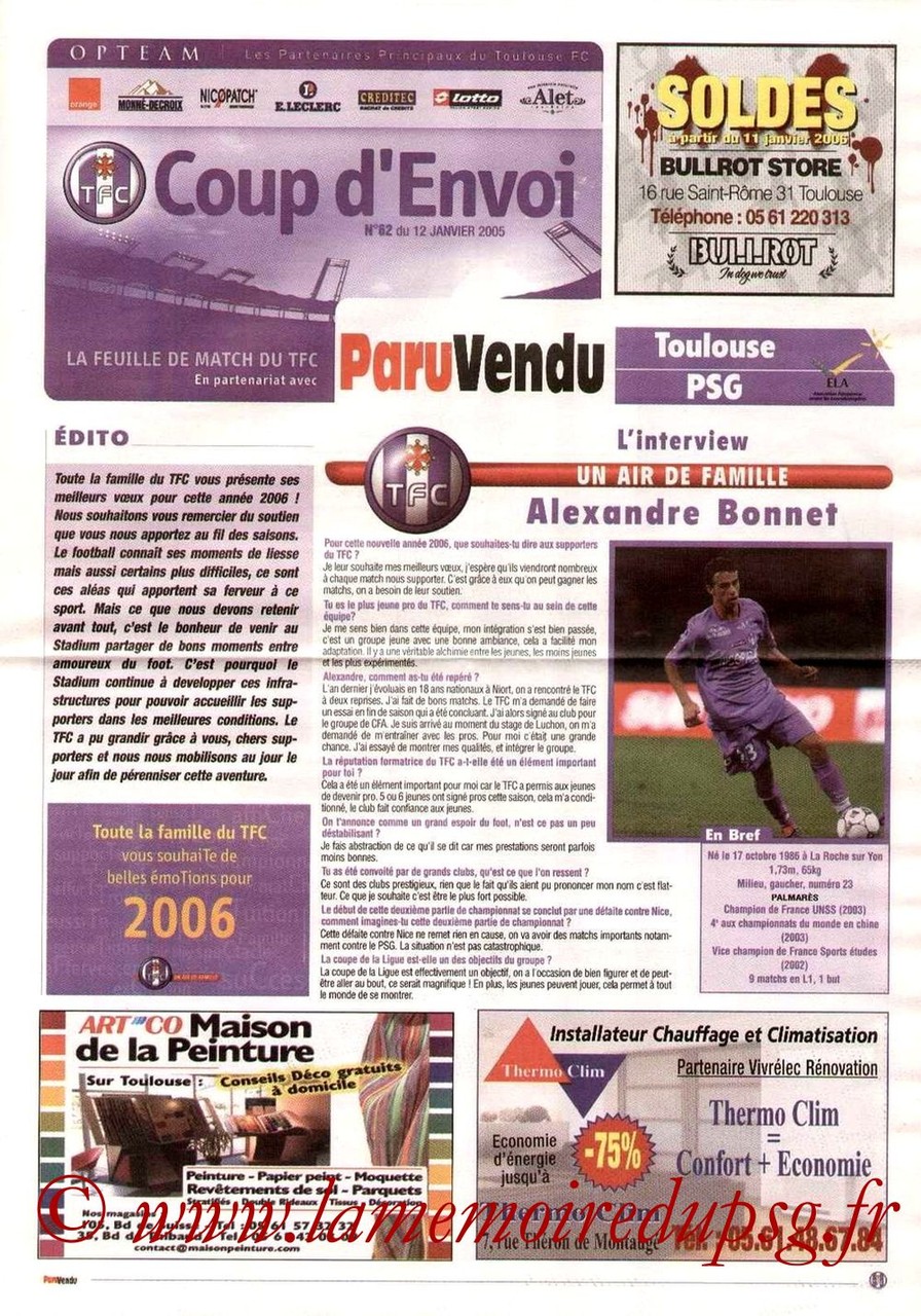 2006-01-12  Toulouse-PSG (21ème L1, Coup d'envoi N°62)