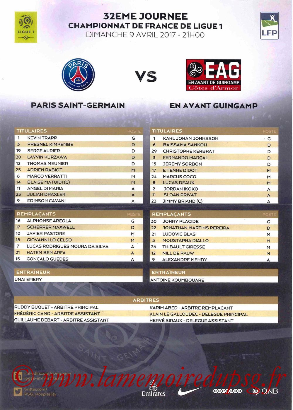 2017-04-09  PSG-Guingamp (32ème L1, Feuille de match)
