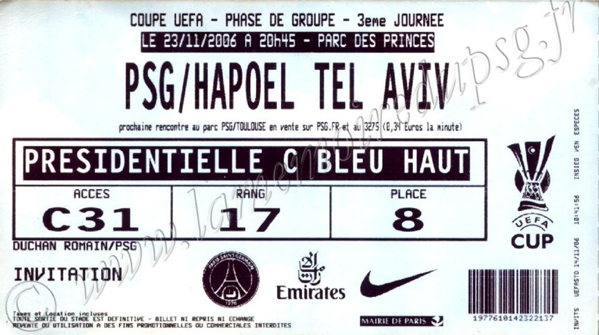 2006-11-23  PSG-Hapoel Tel Aviv (3ème journée poule C3, bis)