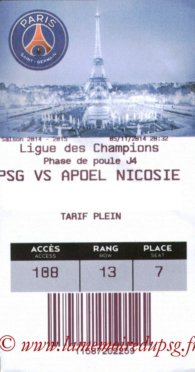 2014-11-05  PSG-Apoel Nicosie (4ème Poule C1, E-ticket2)