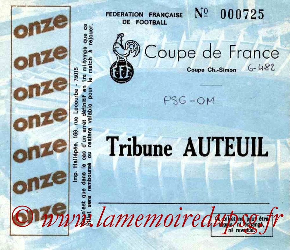 Ticket  PSG-Marseille  1981-82