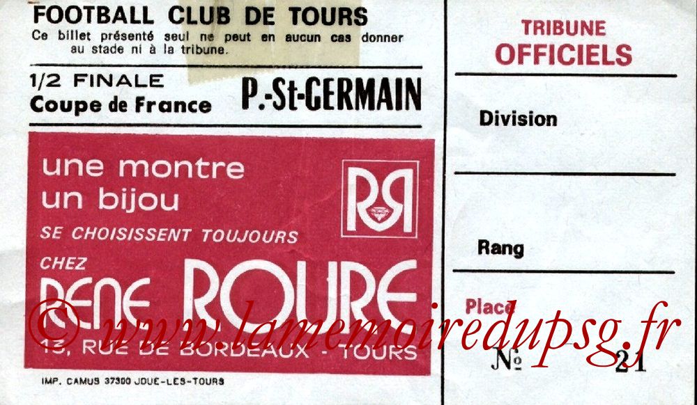 Ticket  Tours-PSG  1982-83