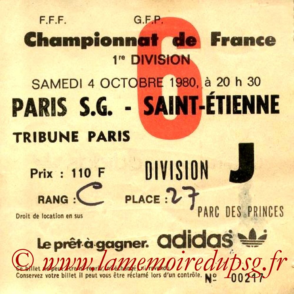 1980-10-04  PSG-Saint Etienne (13ème D1, Ticket N°6)