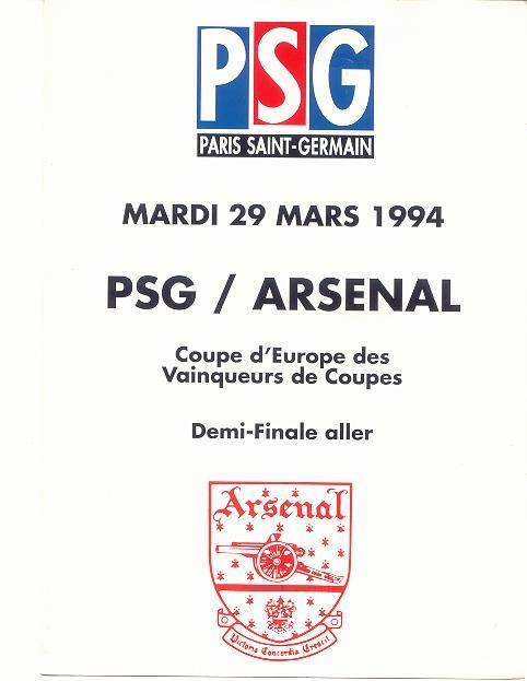 1994-03-29  PSG-Arsenal (Demi-Finale Aller, Programme officiel HS)