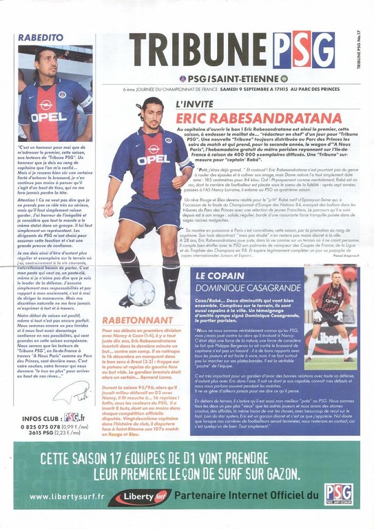 2000-09-09  PSG-Saint Etienne (7ème D1, Tribune PSG N°17, vrai numero N°16)