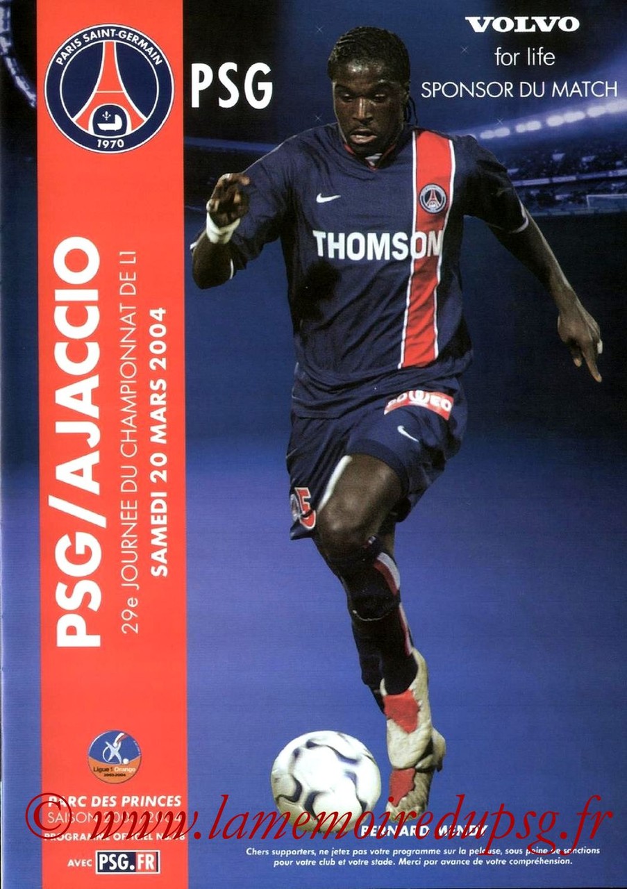 2004-03-20  PSG-Ajaccio (29ème L1, Programme officiel N°48)