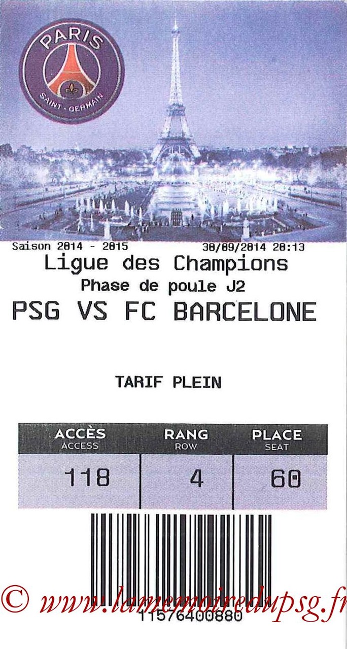 2014-09-30  PSG-Barcelone (2ème Poule C1, E-ticket)