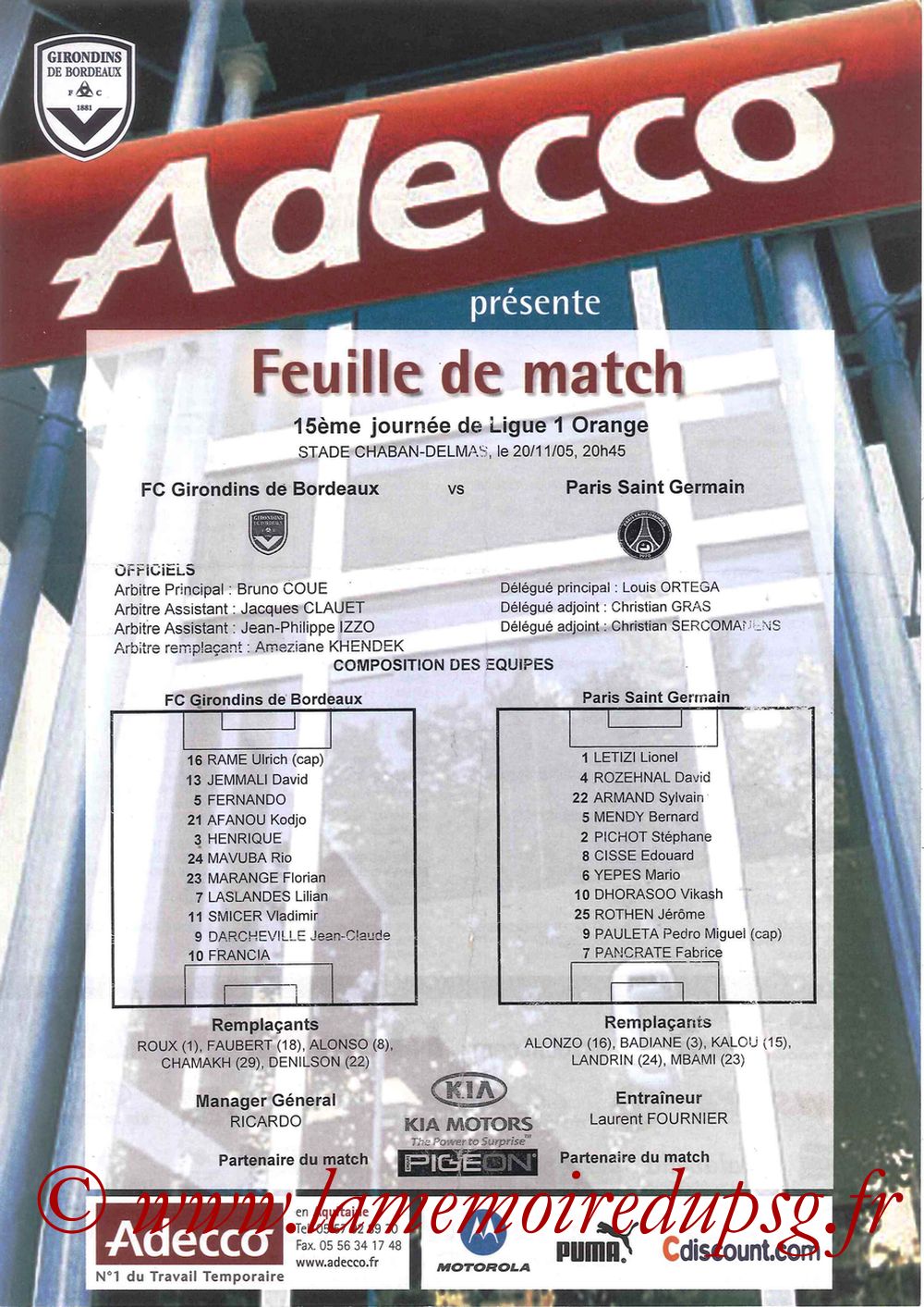 2005-11-20  Bordeaux-PSG (15ème L1, Feuille de match)