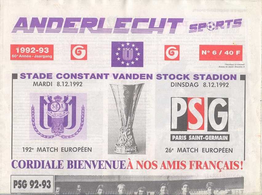 1992-12-08  Anderlecht-PSG (8ème Finale Retour C3, Anderlecht Sports N°6)