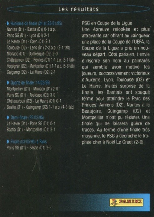 N° S09 - Parcours en Coupe de la Ligue 94-95 (Verso)