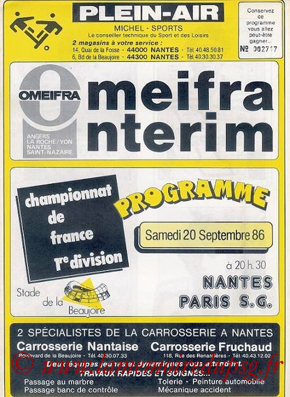 1986-09-20  Nantes-PSG (10ème D1, Programme officiel)