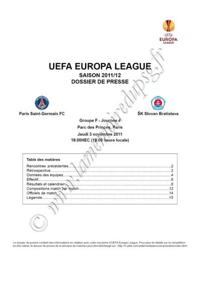 2011-11-03  PSG-Slovan Bratislava (4ème poule C3, Dossier de presse)