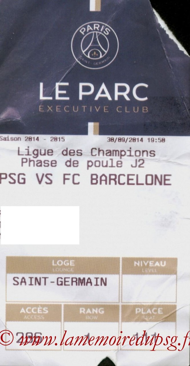 2014-09-30  PSG-Barcelone (2ème Poule C1, Executive club, E-ticket)