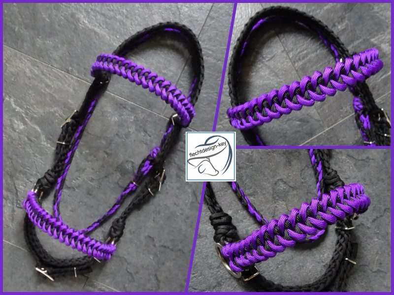 Sidepull, Gebissloser Zaum aus Paracord geflochten, schwarz, lila