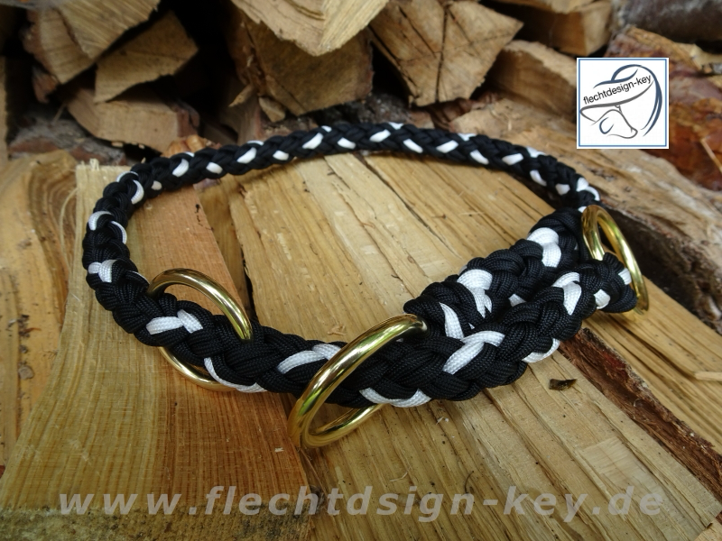 Zugstopphalsband mit Messingringen 12-fach rund geflochten, schwarz/weiß