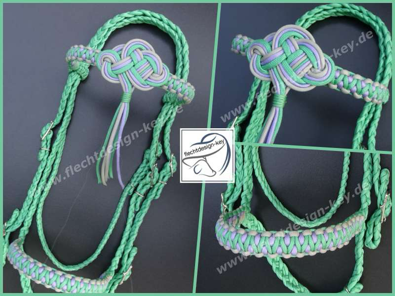 Flechtrense mit Reithalfter aus Paracord geflochten, Stirnriemen mit keltischem Knoten