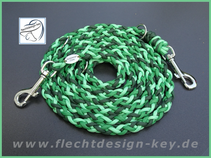 Paracord Hundeleine 6fach rund geflochten, 3fach verstellbar, grün