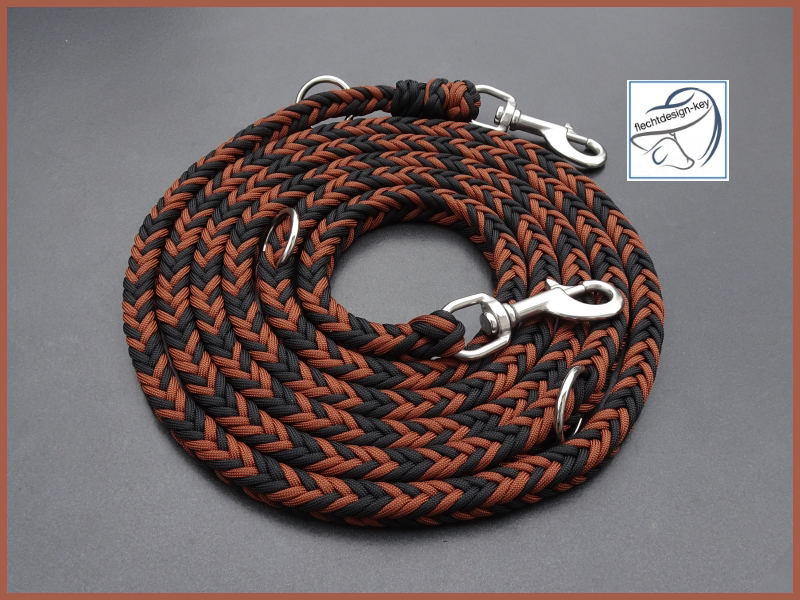 Hundeleine 3fach verstellbar mit Edelstahlbeschlägen, 12fach Herringbone (Vierkant), schwarz, braun