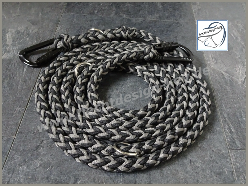 Hundeleine aus Paracord, schwarz, grau und Karabiner Twistlock