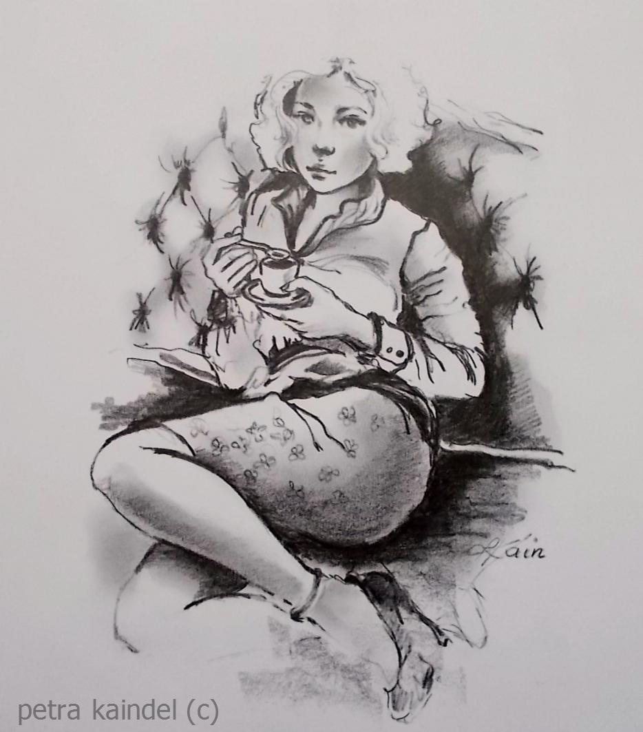 Girl with cup, 24 x 20 cm, monolith pencil on paper (sold)