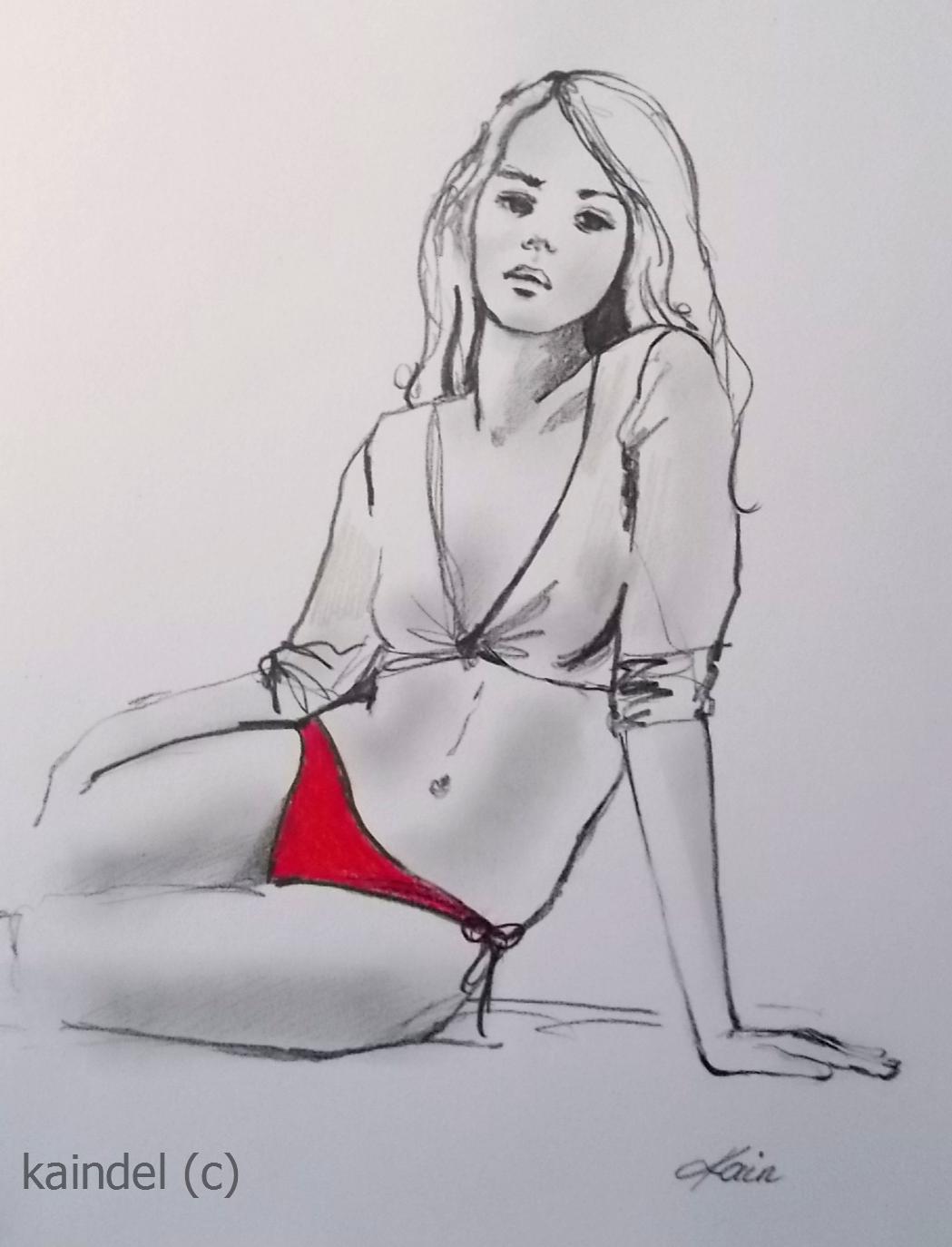 Girl on the beach, 24 x 18 cm, monolith pencil and brush pen on paper (sold)