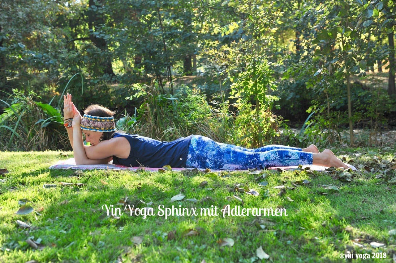 Yin Yoga Position: Sphinx mit Adlerarmen