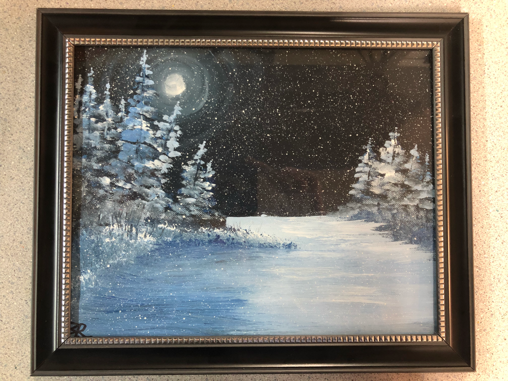 “Monochromatic Winter Scene” acrylic on 8x10 canvas paper 