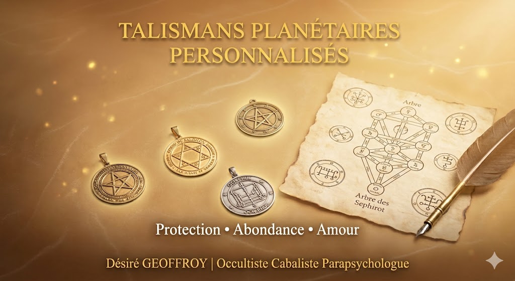Talismans planétaires personnalisés et consacrés par Désiré Geoffroy, expert en Haute Science Kabbalistique à Montpellier | FR : Sceau de Salomon, Och Puhl et Arbre des Sephirot.