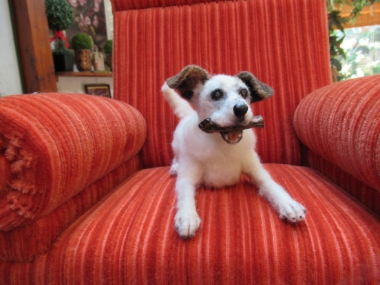 handgefilztes Hundeportrait kleiner Hund aus Wolle vor rotem Hintergrund