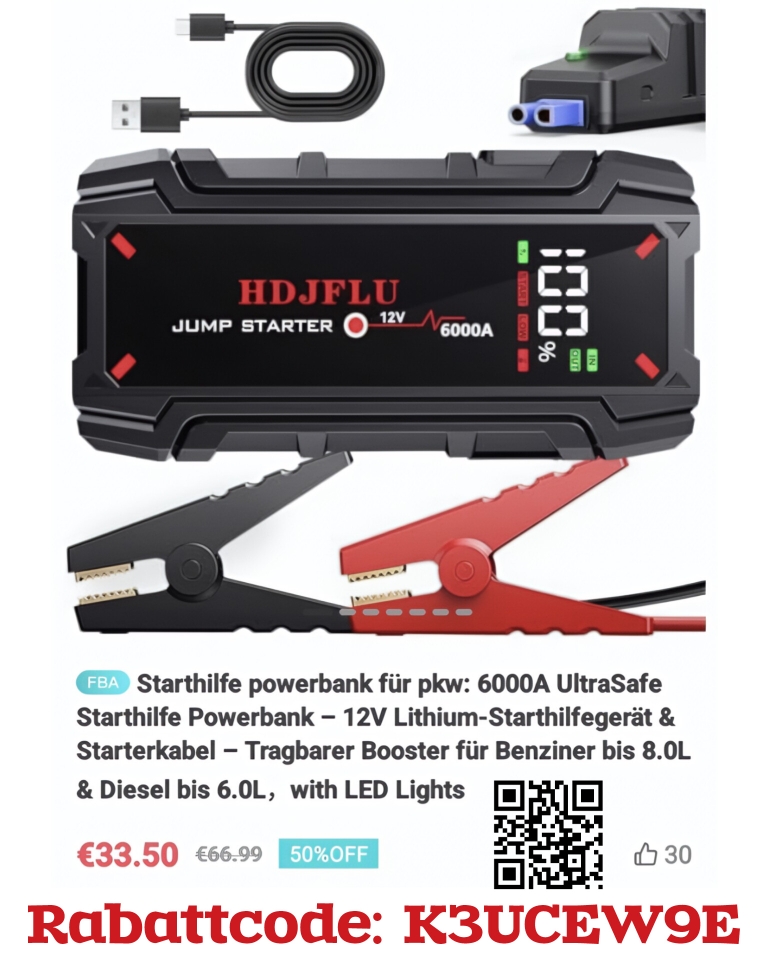 STARTHILFE Powerbank für PKW, 6000A, 12V, Rabattcode an der Kasse.