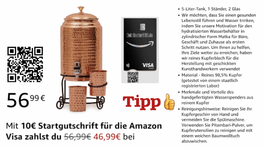 Wasserspender aus Kupfer. 5 Liter