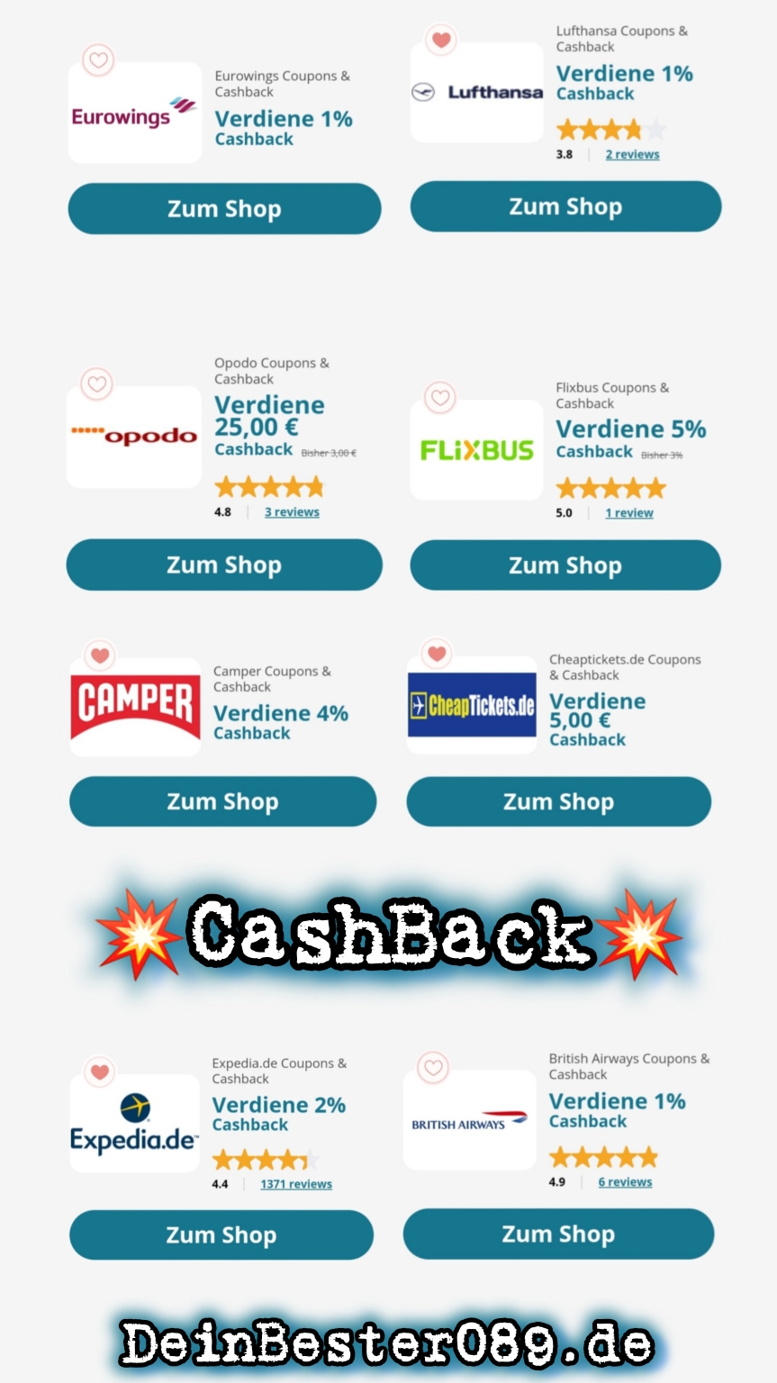 Cashback bei vielen Reiseverabstaltern sowie über 1000 Shops, (Siehe Cashback Global)