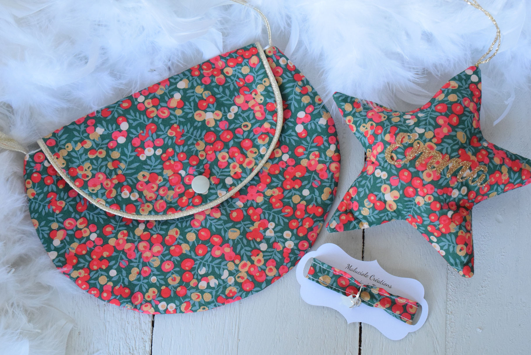 Ensemble Noël : Petit sac à main enfant & étoile prénom – Bracelet tissu Liberty