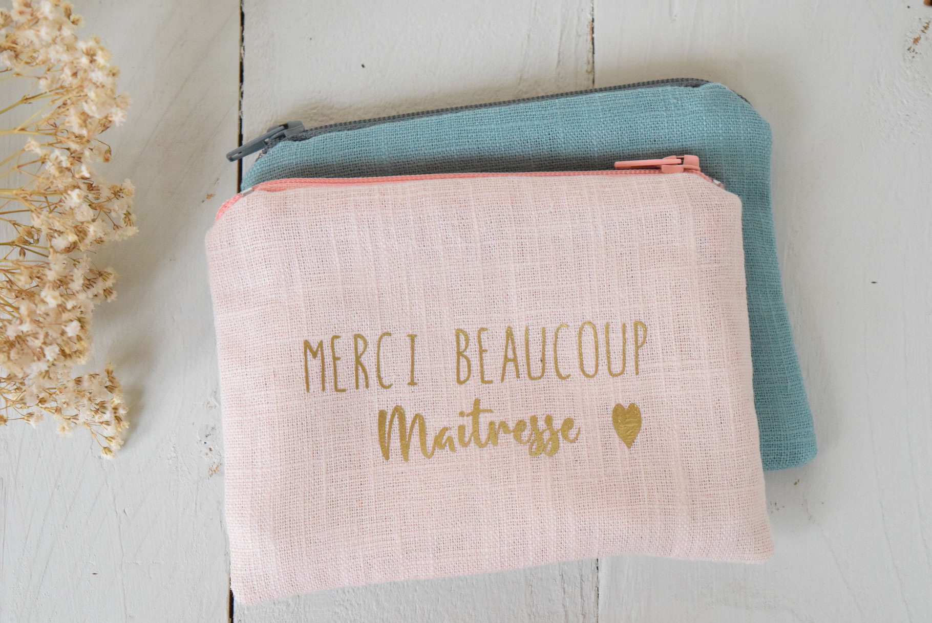 Porte monnaie lin rose poudré - pochette de remerciement à personnaliser