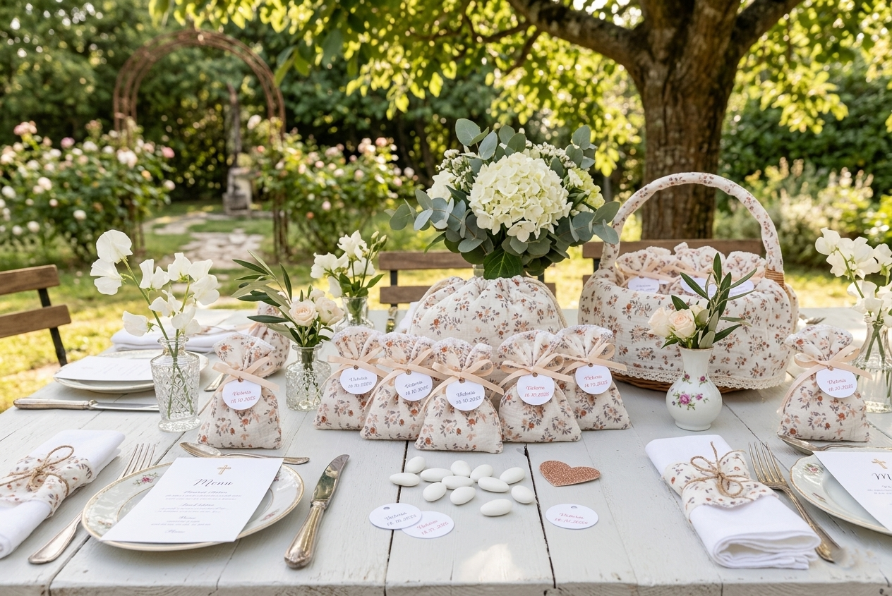 Nos ballotins s’habillent d’un tissu coton double gaze orné de petites fleurs beige et terracotta