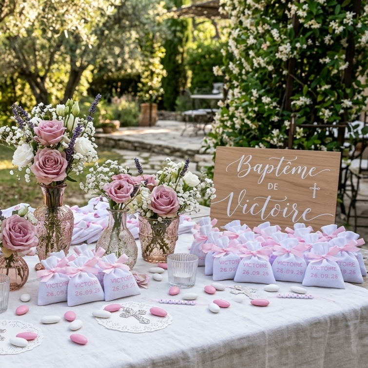 Ballotin dragées baptême broderie prénom et date enfant - sachet coton blanc et broderie rose- cadeaux invités communion cérémonie