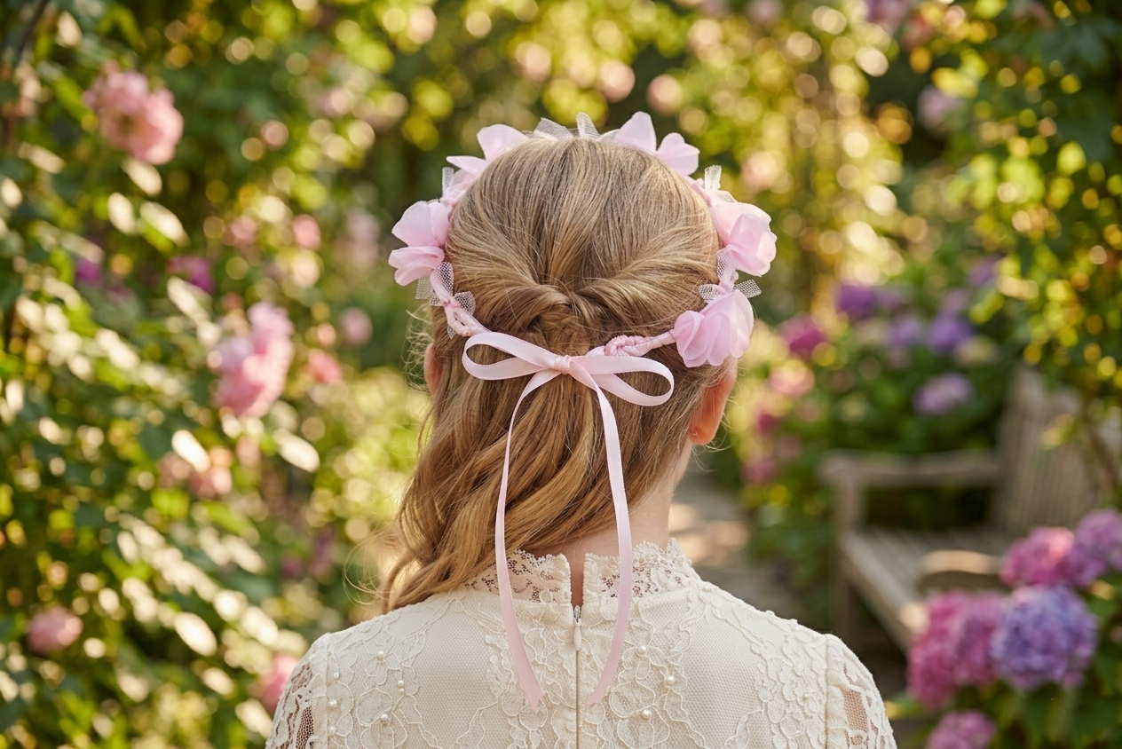 Couronne de communion élégante portée avec une robe blanche