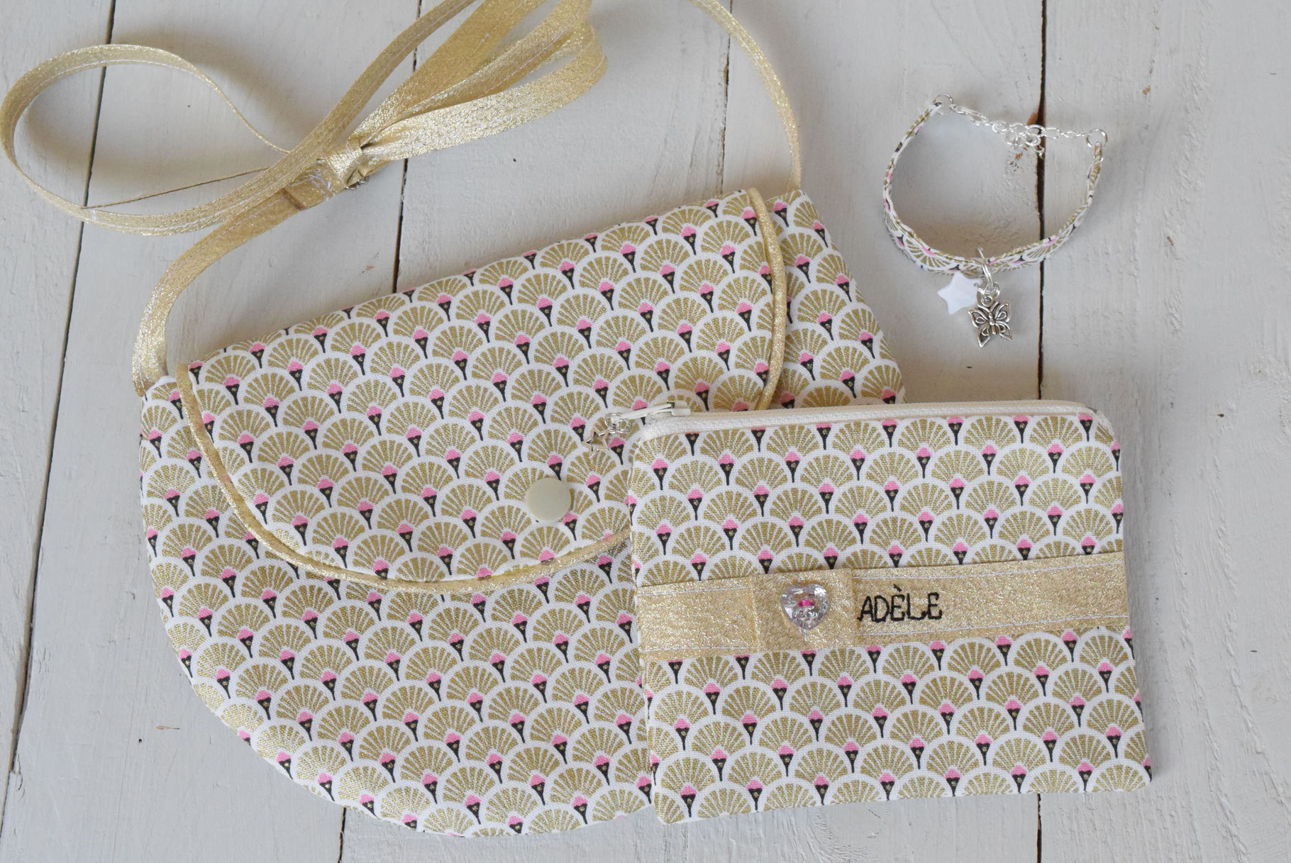 Porte-monnaie enfant personnalisé avec prénom – Tissu éventail doré