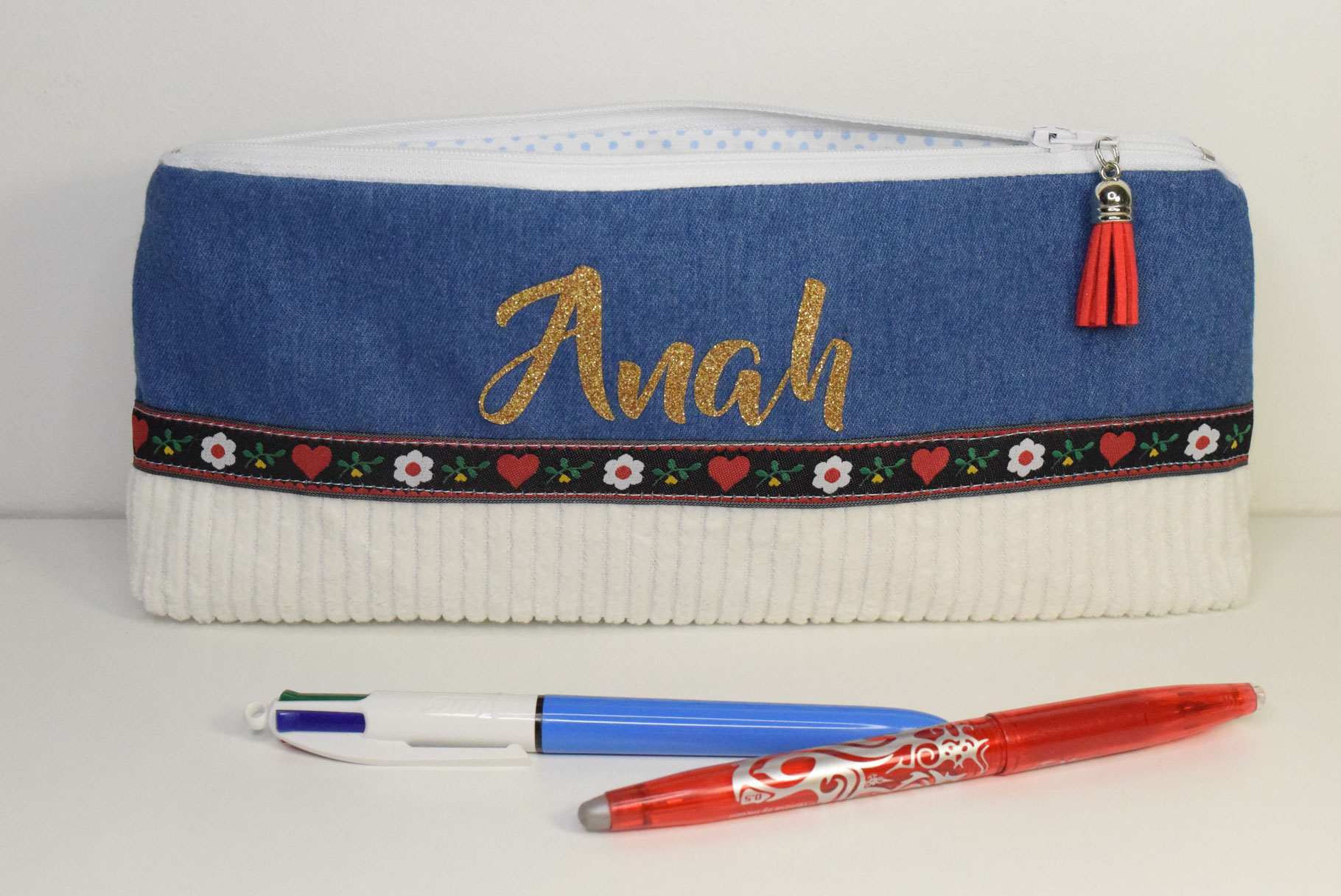 Trousse école folklore jeans velours avec prénom fille