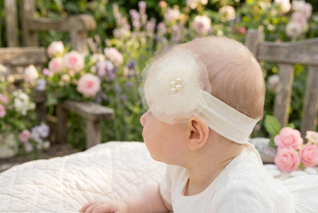 Bandeau bébé blanc pour baptême Fleur Pivoine