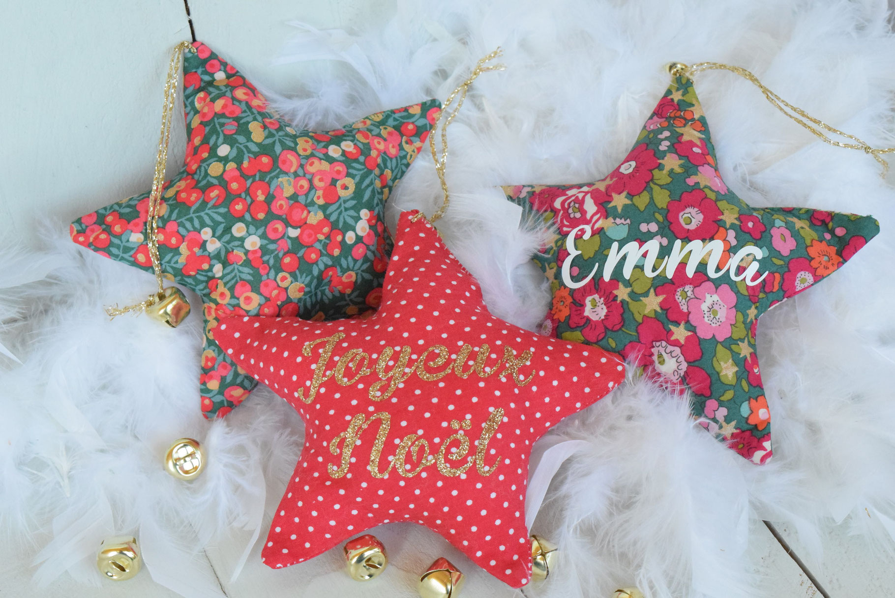 Etoile noël personnalisée prénom en tissu liberty de noël wiltshire rouge doré/ idée déco baptême, cadeau premier noël