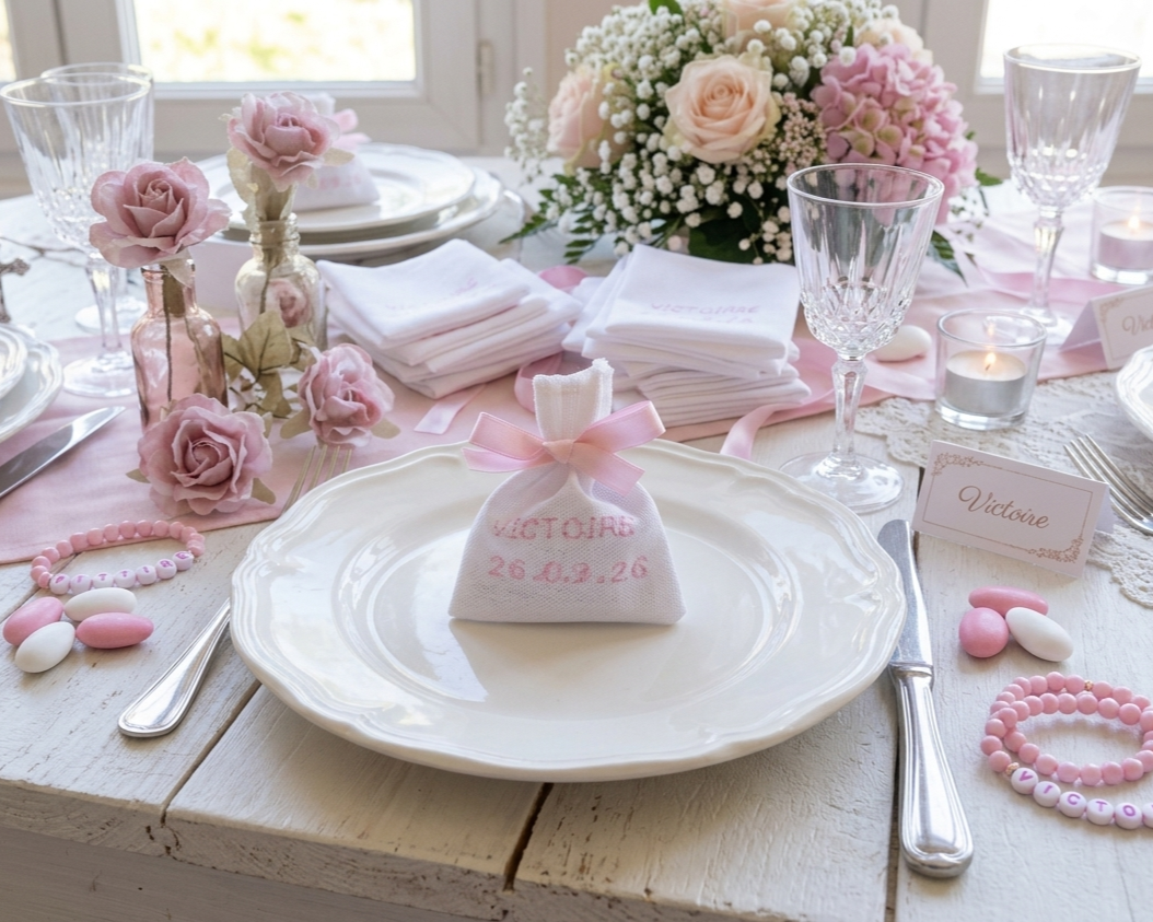 pochon blanc de dragées avec broderie rose posé sur une assiette de table de baptême